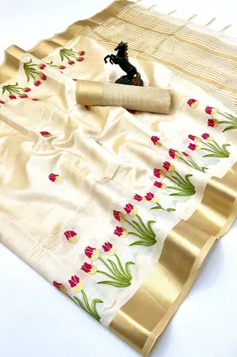 Cream tissue kerala kasavu saree with floral embroidery design