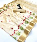 Cream tissue kerala kasavu saree with floral embroidery design