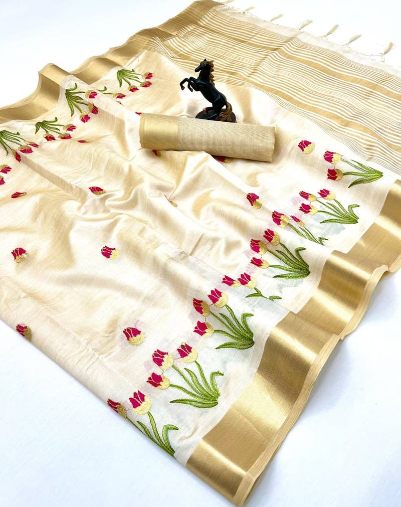 Cream tissue kerala kasavu saree with floral embroidery design