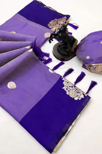 Purple soft silk saree with zari weaving & peacock motifs