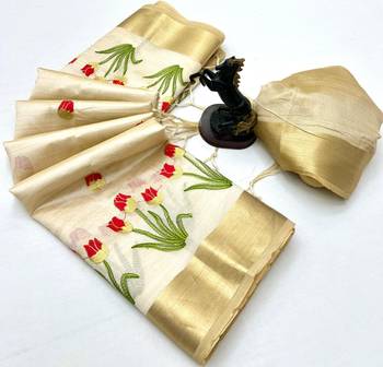 Cream tissue kerala kasavu saree with floral embroidery design 2