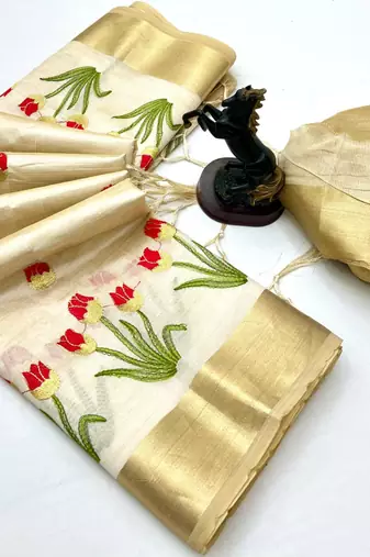 Cream tissue kerala kasavu saree with floral embroidery design