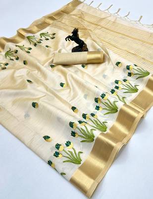 Cream tissue kerala kasavu saree with floral embroidery design 1