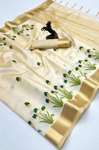 Cream tissue kerala kasavu saree with floral embroidery design