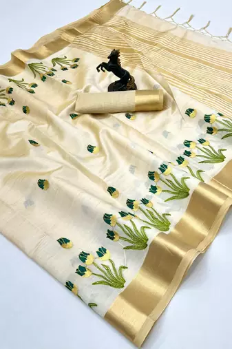 Cream tissue kerala kasavu saree with floral embroidery design