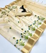 Cream tissue kerala kasavu saree with floral embroidery design