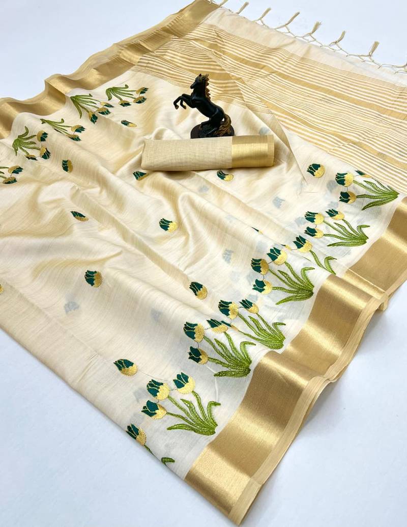 Cream tissue kerala kasavu saree with floral embroidery design