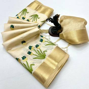Cream tissue kerala kasavu saree with floral embroidery design 2