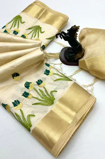 Cream tissue kerala kasavu saree with floral embroidery design