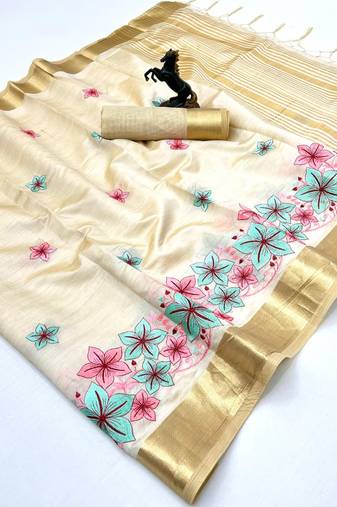 Cream tissue kerala kasavu saree with floral embroidery design