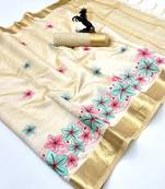 Cream tissue kerala kasavu saree with floral embroidery design