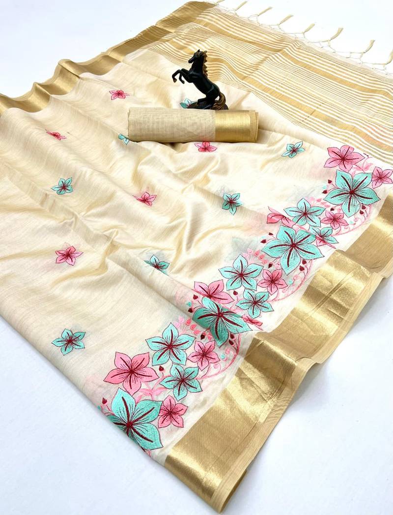 Cream tissue kerala kasavu saree with floral embroidery design