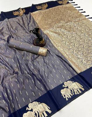 Navy blue soft silk saree with zari weaving & elephant motifs 1