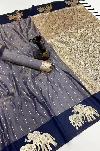 Navy blue soft silk saree with zari weaving & elephant motifs