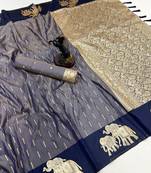 Navy blue soft silk saree with zari weaving & elephant motifs