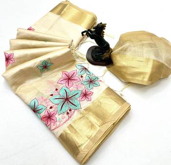 Cream tissue kerala kasavu saree with floral embroidery design 2