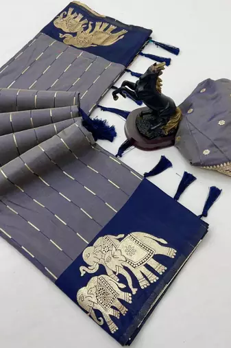 Navy blue soft silk saree with zari weaving & elephant motifs