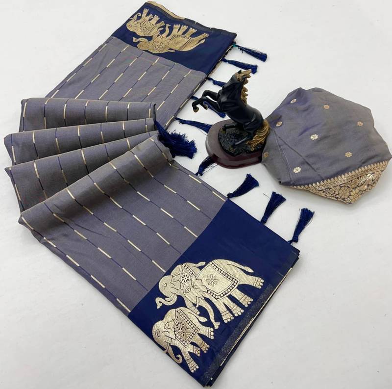 Navy blue soft silk saree with zari weaving & elephant motifs