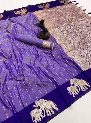 Purple soft silk saree with zari weaving & elephant motifs 1