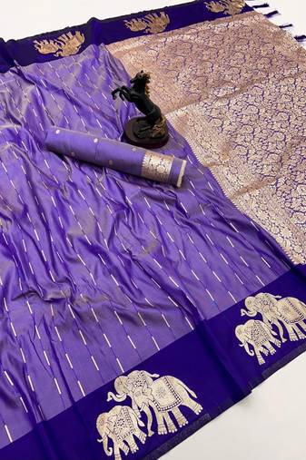 Purple soft silk saree with zari weaving & elephant motifs