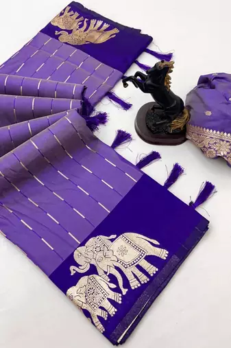 Purple soft silk saree with zari weaving & elephant motifs