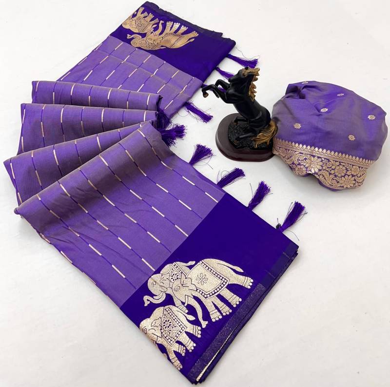 Purple soft silk saree with zari weaving & elephant motifs