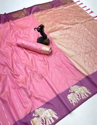 Light baby pink soft silk saree with zari weaving & elephant motifs 1
