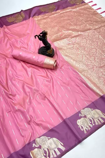 Light baby pink soft silk saree with zari weaving & elephant motifs