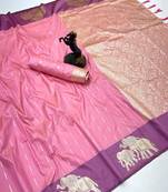 Light baby pink soft silk saree with zari weaving & elephant motifs