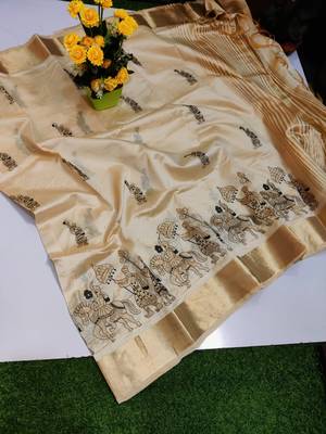 Cream tussar silk saree with kalamkari design & embroidery work 1