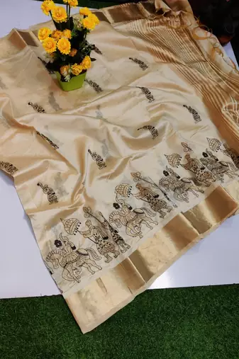 Cream tussar silk saree with kalamkari design & embroidery work