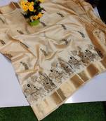 Cream tussar silk saree with kalamkari design & embroidery work