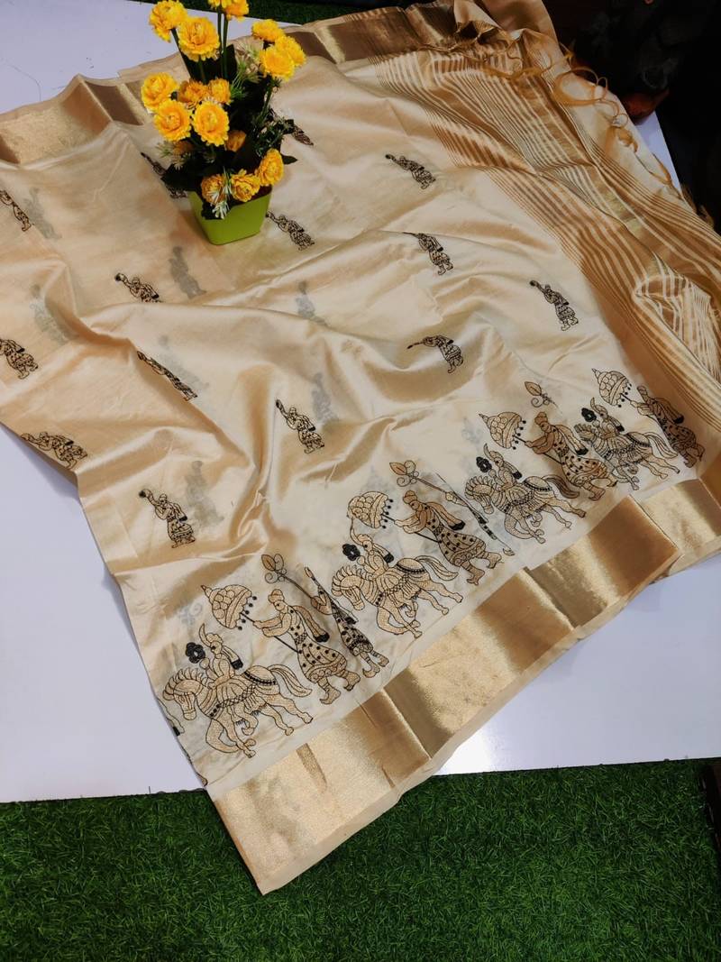 Cream tussar silk saree with kalamkari design & embroidery work