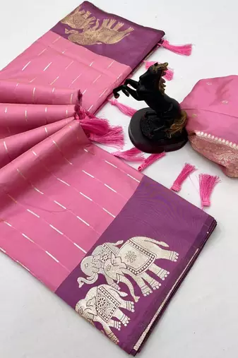 Light baby pink soft silk saree with zari weaving & elephant motifs