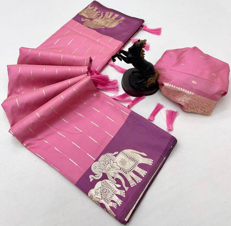 Light baby pink soft silk saree with zari weaving & elephant motifs