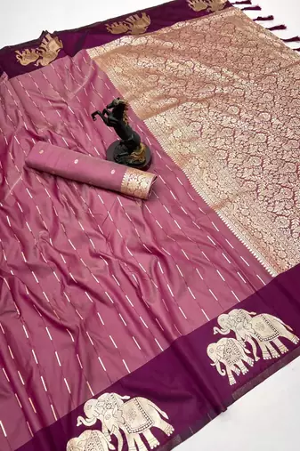 Wine soft silk saree with zari weaving & elephant motifs