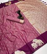 Wine soft silk saree with zari weaving & elephant motifs