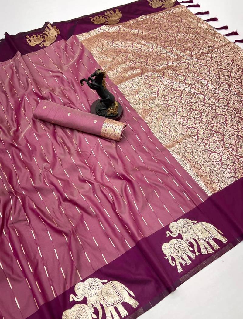 Wine soft silk saree with zari weaving & elephant motifs