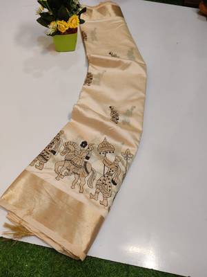 Cream tussar silk saree with kalamkari design & embroidery work 2