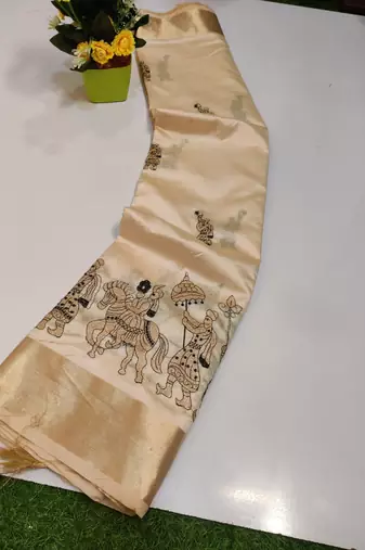 Cream tussar silk saree with kalamkari design & embroidery work