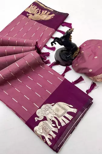 Wine soft silk saree with zari weaving & elephant motifs