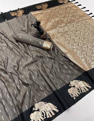 Dark grey soft silk saree with zari weaving & elephant motifs 1