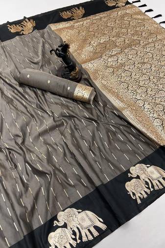 Dark grey soft silk saree with zari weaving & elephant motifs