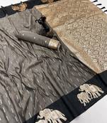 Dark grey soft silk saree with zari weaving & elephant motifs
