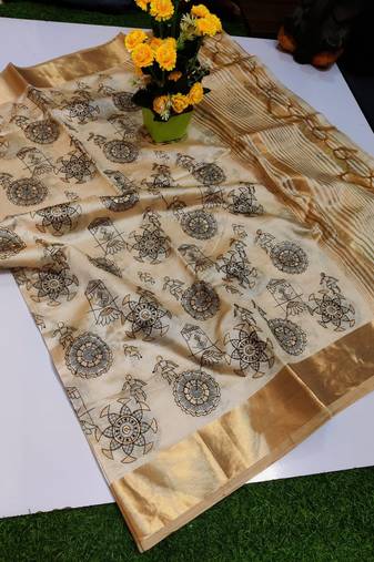 Cream tussar silk saree with kalamkari design & embroidery work