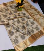 Cream tussar silk saree with kalamkari design & embroidery work