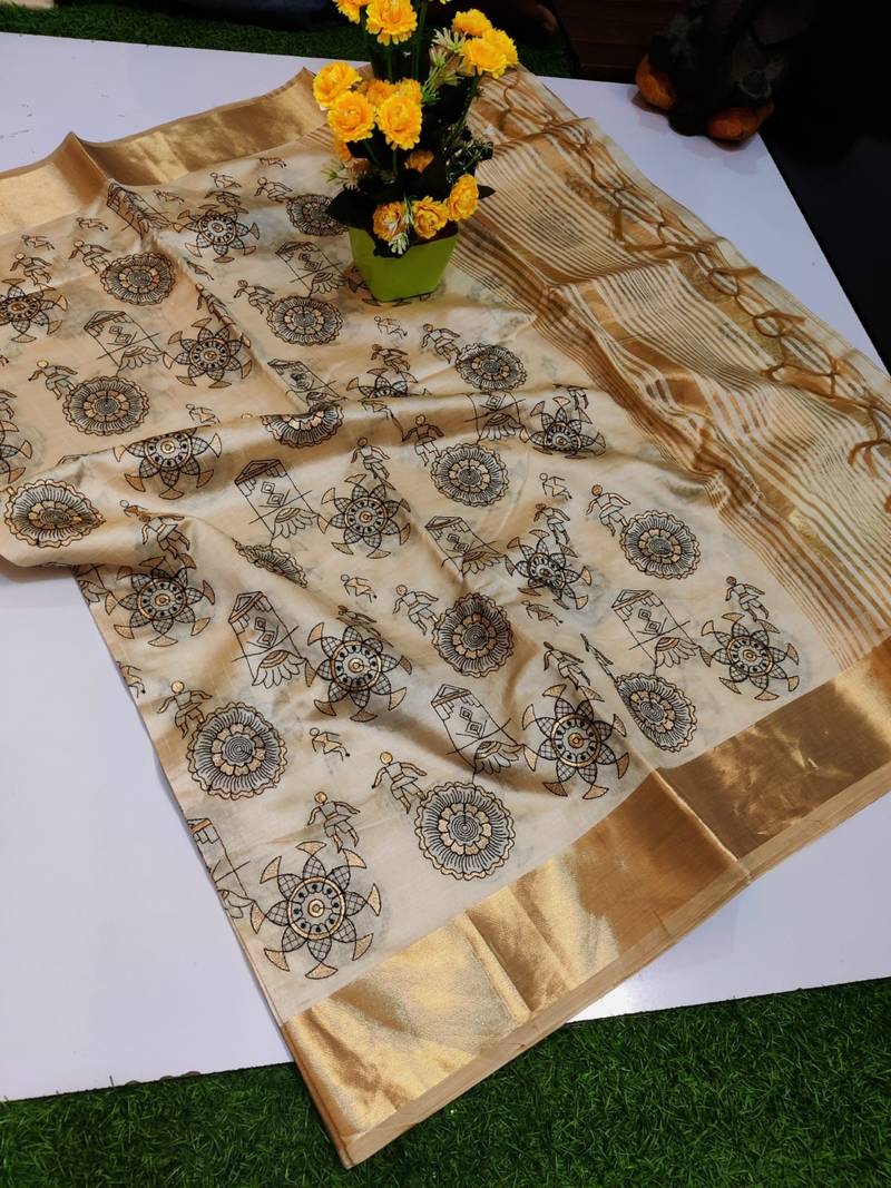 Cream tussar silk saree with kalamkari design & embroidery work