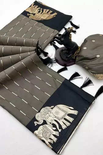 Dark grey soft silk saree with zari weaving & elephant motifs