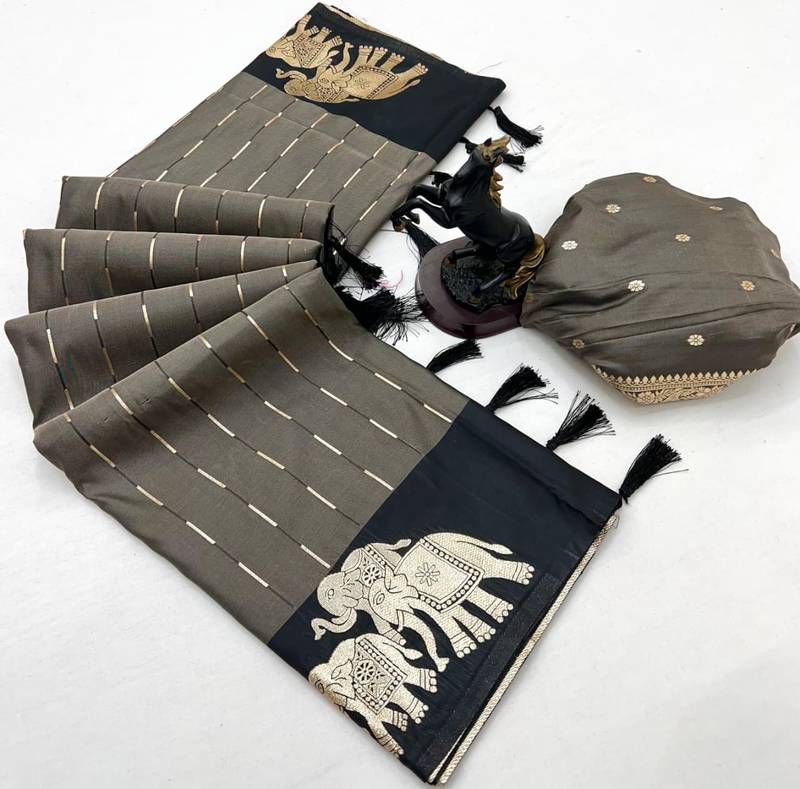 Dark grey soft silk saree with zari weaving & elephant motifs