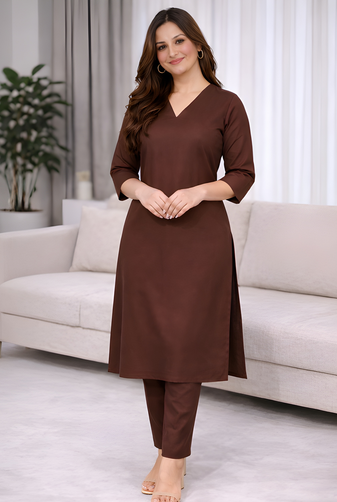 Solid Straight Brown Kurta Set for Women with Pant 3/4 Sleeve, V Neck Designer Kurta with Palazzo Pant Set
